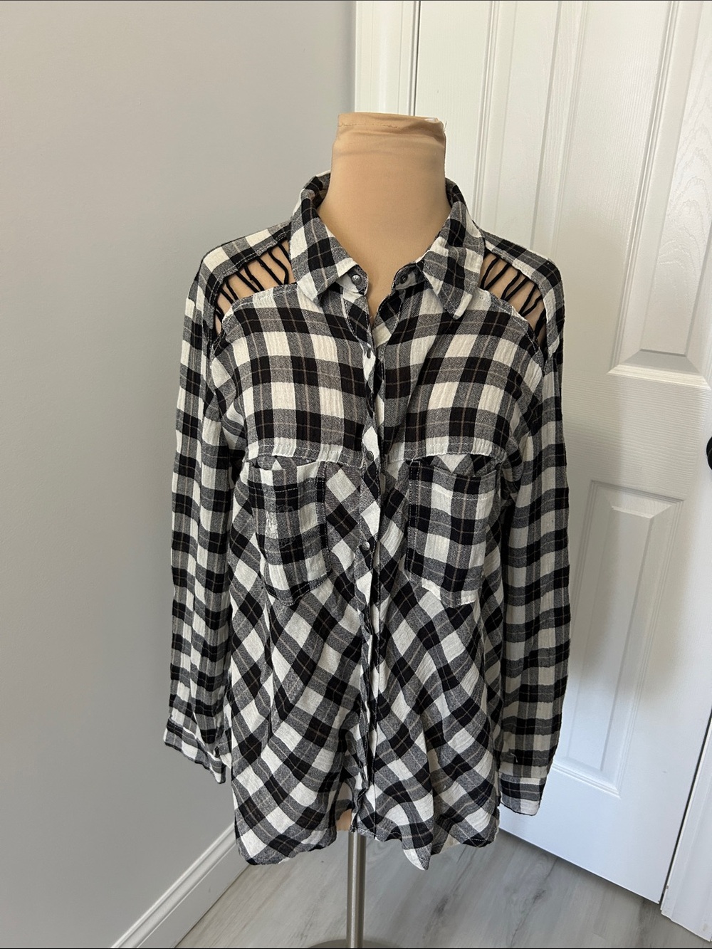 Free People Plaid Lace Up Shoulder Snap Up Shirt - Picture 3 of 8